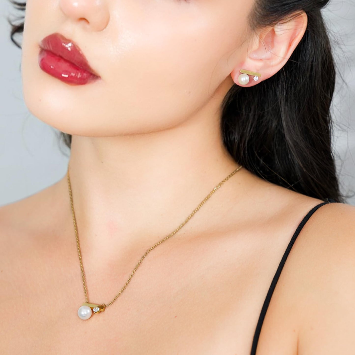 GLOSSET Gold Pearl Necklace and Earring Set, 18K Gold Plated Earrings and Necklace Set for Women, Dainty Freshwater Pearl and Cubic Zirconia Set Jewelry for Women Gift (Gold - Balance Bar)