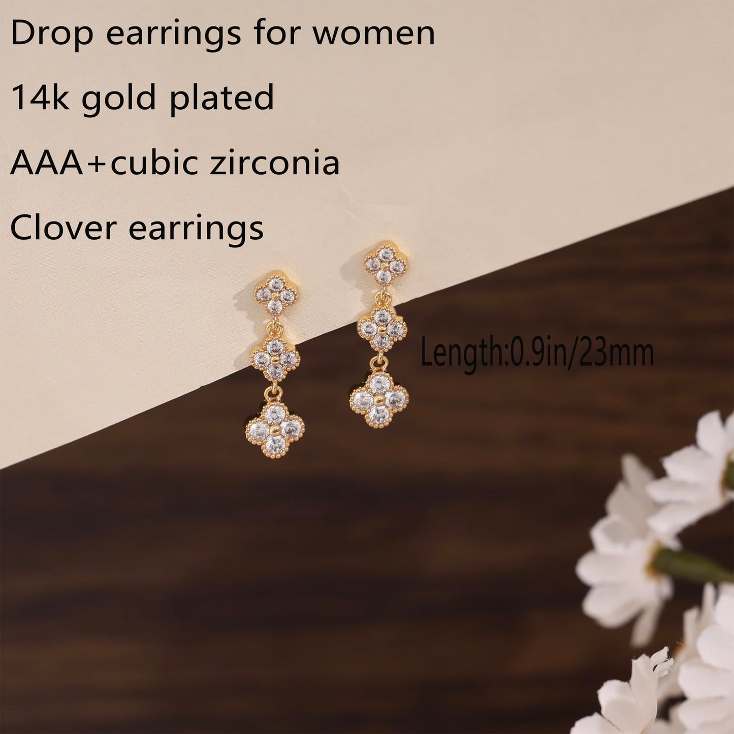 Voduim Dangle Earrings for Women, Formal Wedding Bridal Earrings Dainty 14k Gold Plated Long Clover Drop Earrings for Women Trendy Unique Rhinestone Chandelier Dangling Earrings Prom Earring Jewelry