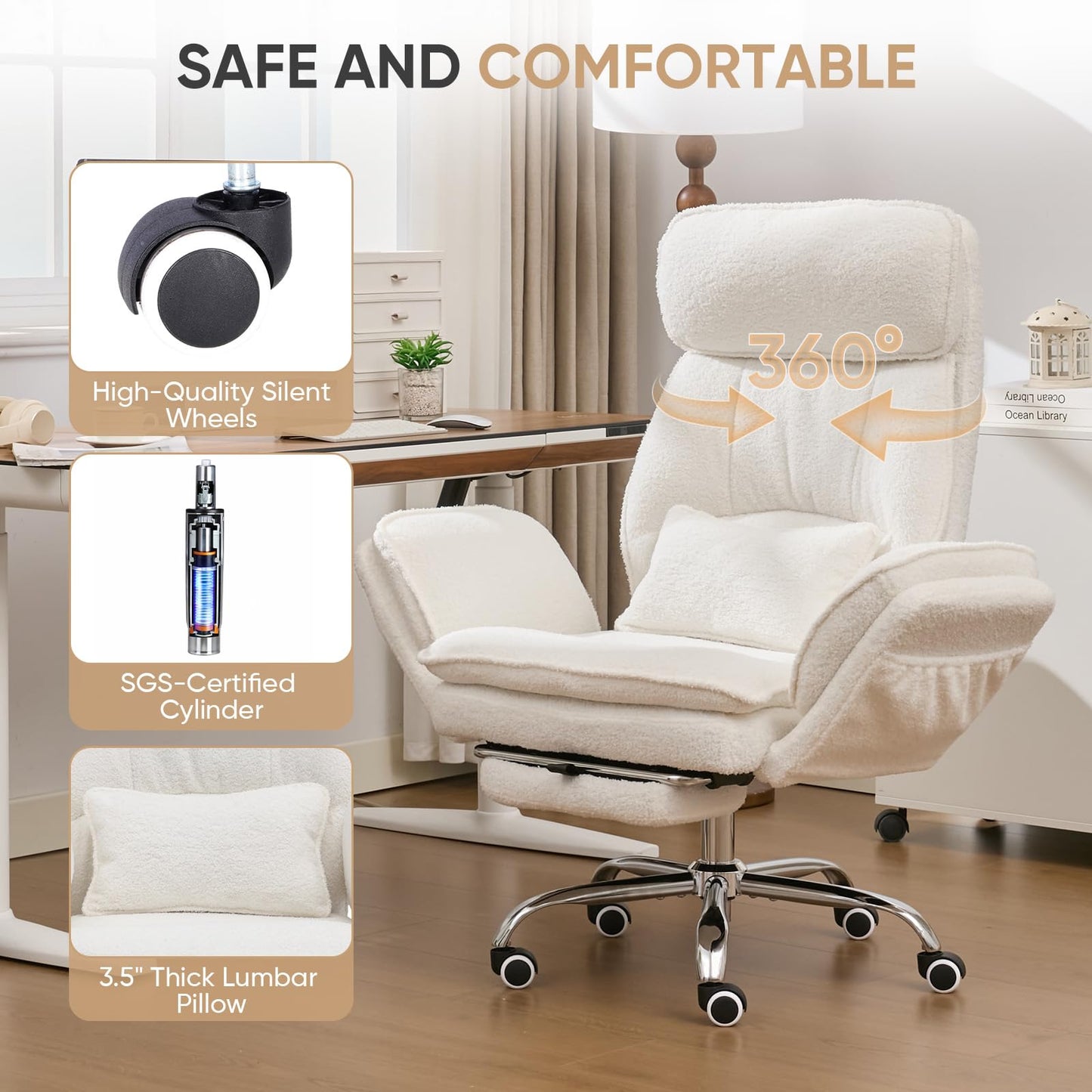 EGSEAT Big and Tall Office Chair with Flip Armrests, Cross Legged Office Chair with Storage Pockets, Comfortable Reclining Computer Chair with Foot Rest, Wide Home Desk Chair, Teddy Fleece, Cream