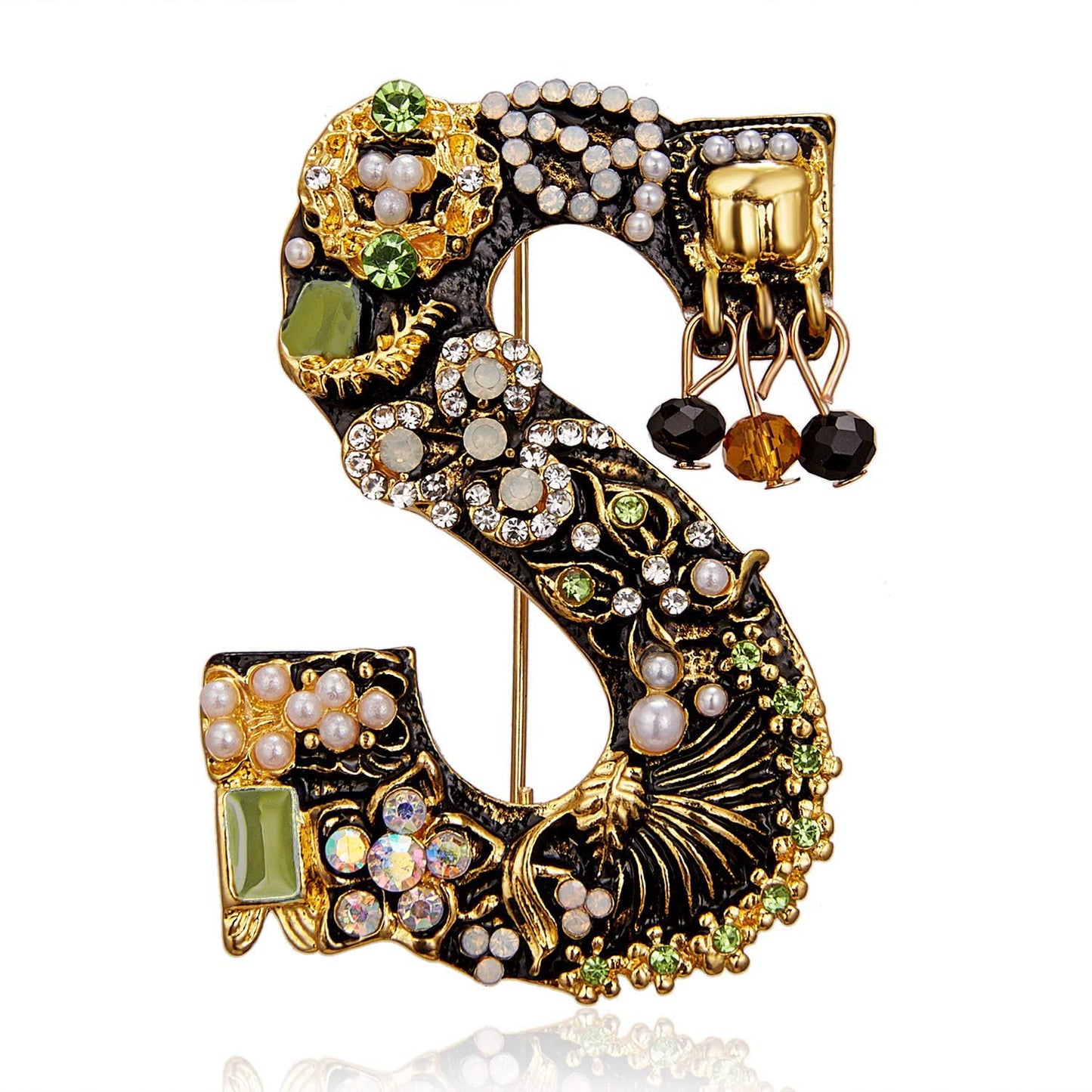 RINHOO Pearl Initial Brooch Pin Crystal A-Z 26 Alphabet Letters Brooch Colorful Enamel Breastpin Pin Jewelry for women Gifts (S)
