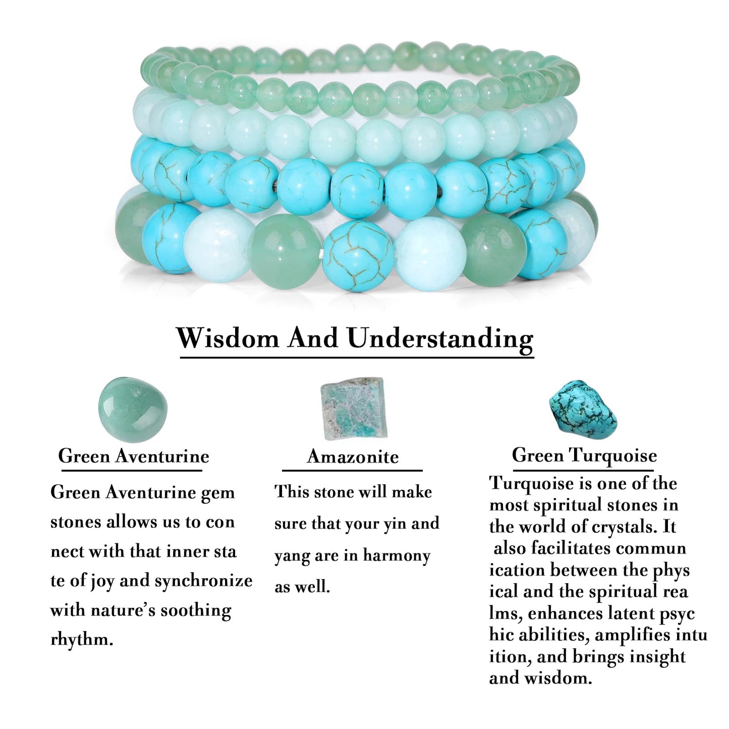 Vinswet 4pcs Beaded Bracelets for Women, Natural Healing Crystal Gemstones Bracelet, Anxiety Stress Relief Bracelet Handmade, 7.48in, Stone, no gemstone, Green Aventurine&Amazonite&Green Turquoise
