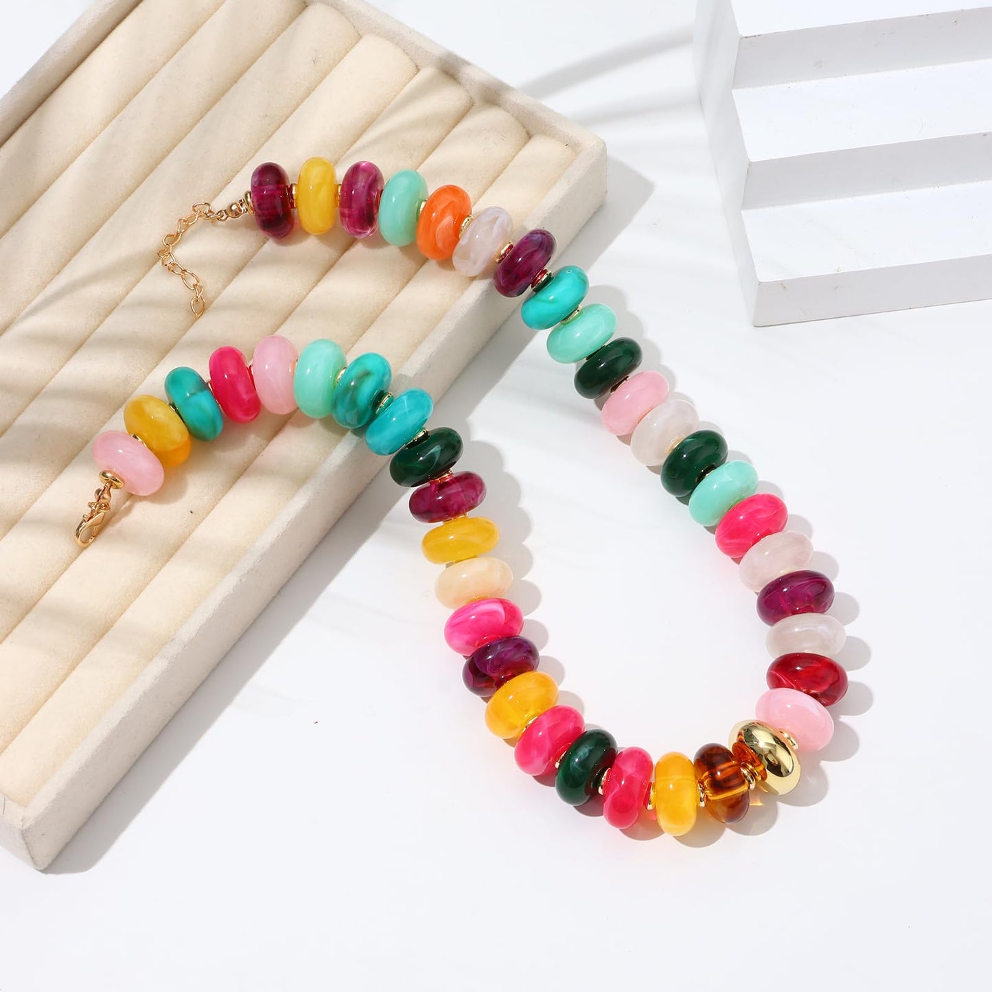joymiao Colorful Beaded Necklace for Women Chunky Beaded Necklace Resin Yellow Mixed Beads Choker Rainbow Beads Necklaces Summer Beach Jewelry
