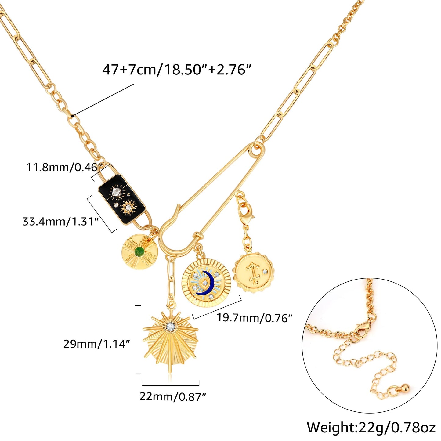 BONJOULRY Charm Necklace for Women Gold Safety Pin Necklace Sun Moon Star Coin Celestial Tarot Card Magic Charms Dainty Paperclip Chain DIY Pendant Choker Necklace Amulet Jewelry Gifts Enamel