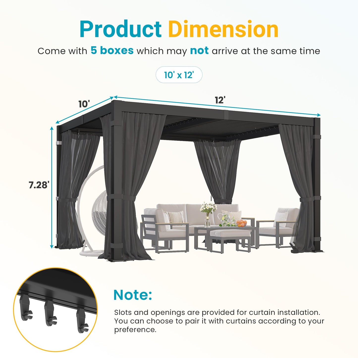 10' x 12' Louvered Pergola, Outdoor Pergola with Curtains & Netting, Metal Patio Pergola with Adjustable Louvers Roof and Gutter System, Metal Hardtop Gazebo for Patio, Deck, Garden, Yard, Dark Gray