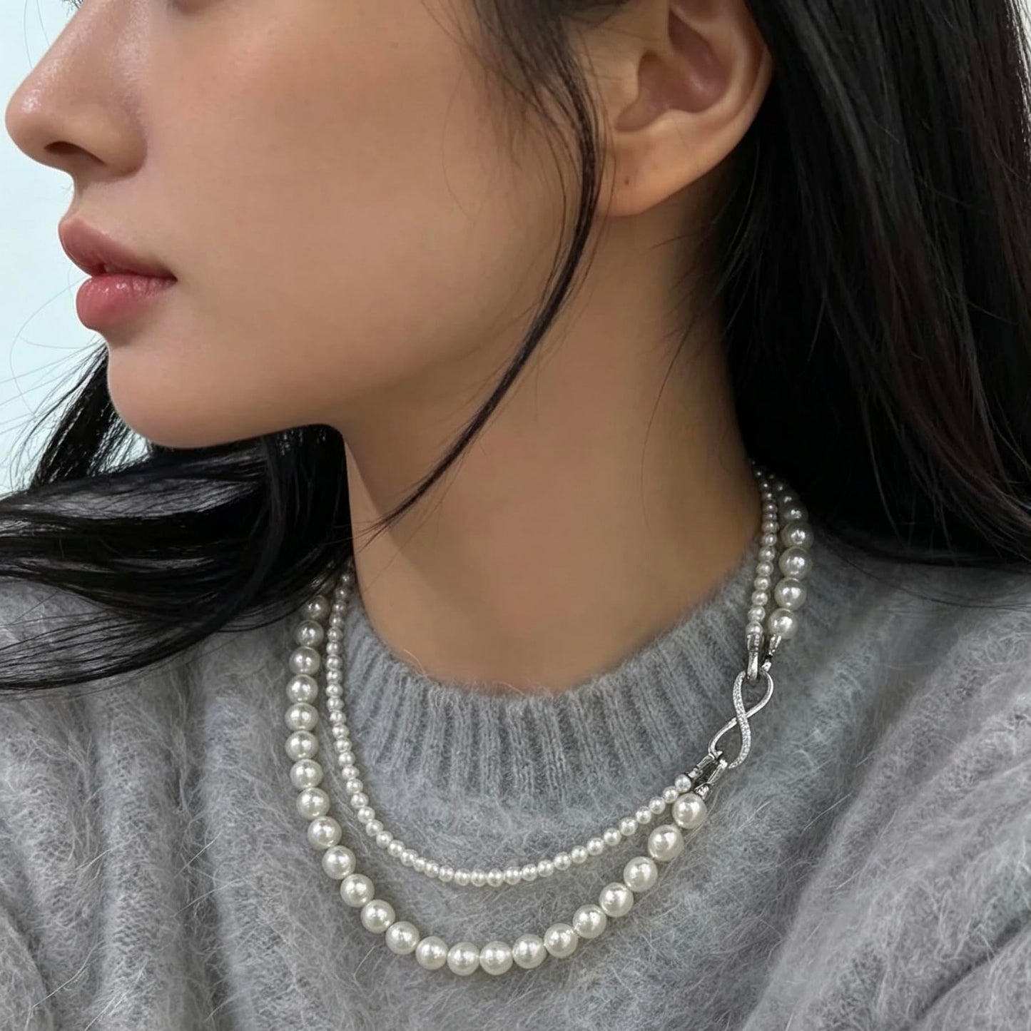 SukAmi 4-8mm White Pearl Necklace Women Layers Pearl Necklace Big Small Pearl Choker Infinity Pearl Necklaces Wedding Party Mother's Day Jewelry Gift 45cm