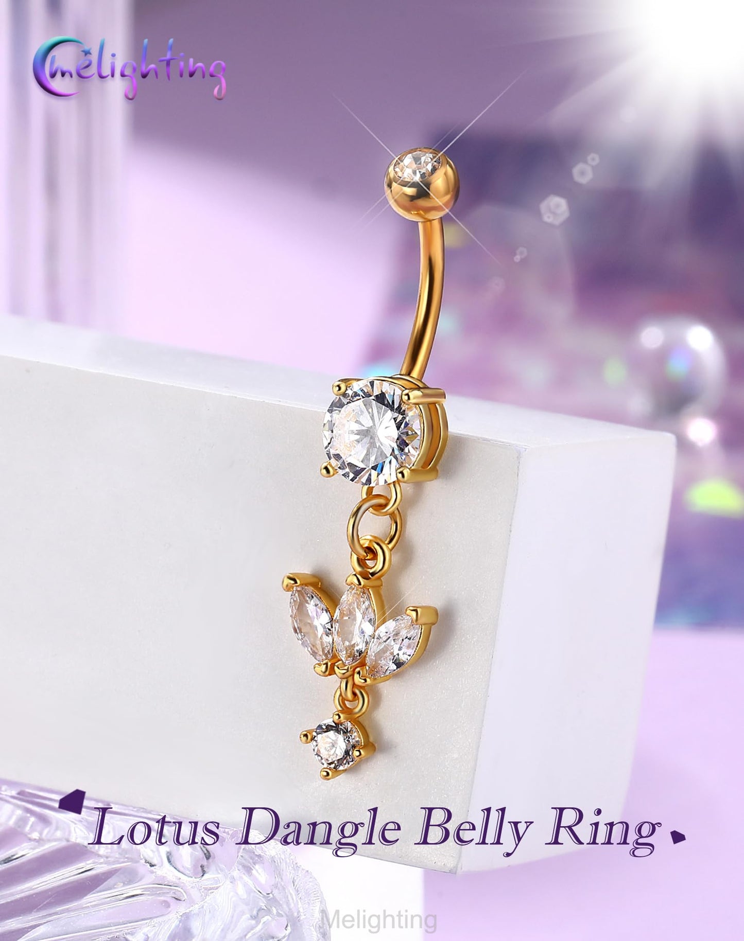 Melighting Minimalist Lotus Belly Button Ring 14G 10mm Navel Ring with Three Marquise CZ Petals and Dangling Round Zircon, 316L Stainless Steel Belly Piercing Jewelry in Gold