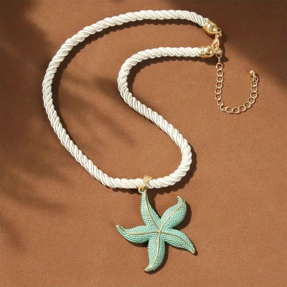 UANXLL Large Gold or Blue Starfish Pendant Necklace, Chunky White Rope Chain Big Sea Star Necklaces for Women Fashion Ocean Style Beach Party Prom Jewelry Gift (Blue)