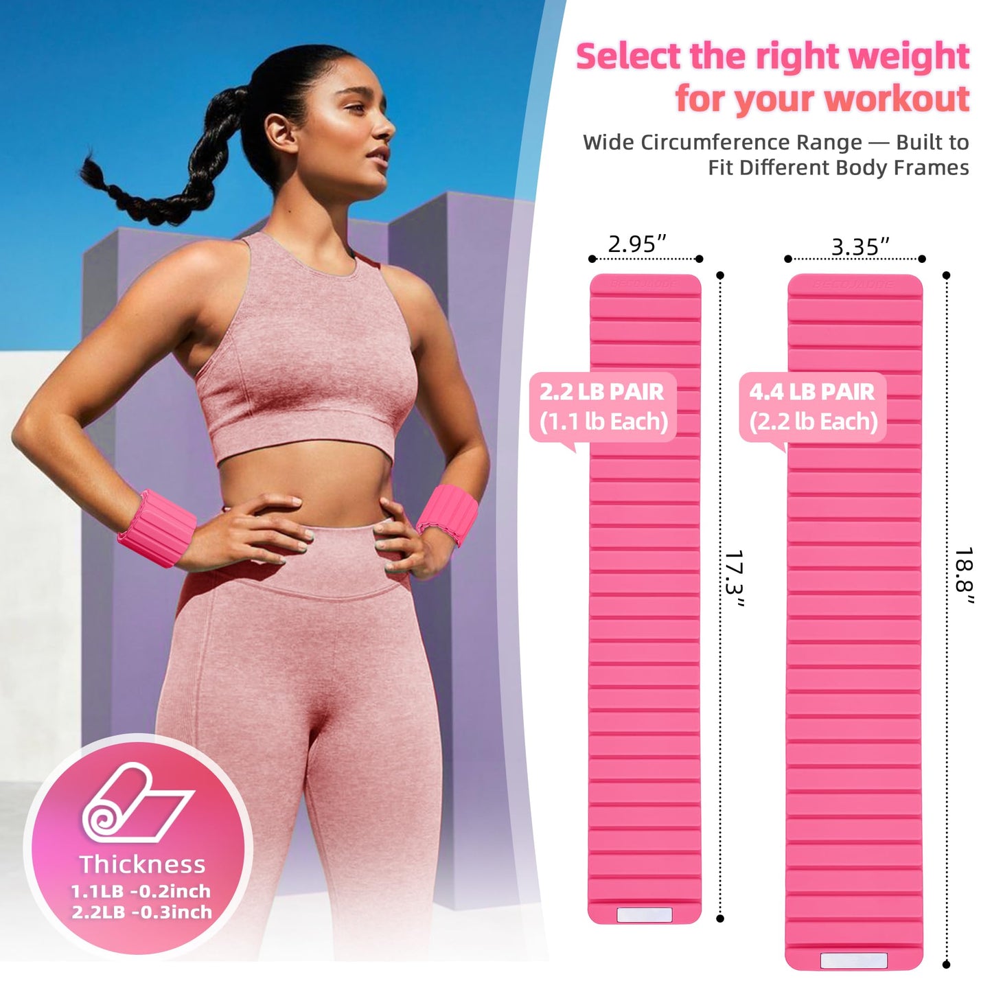 BECOJADDE Wrist Weights Ankle Weights for Women 1 Pair (1.1 lb Each) Silicone Magnetic Leg Arm Weighted Bracelet for Home Yoga Pilates Gym Workout Walking Jogging, Pink Blush