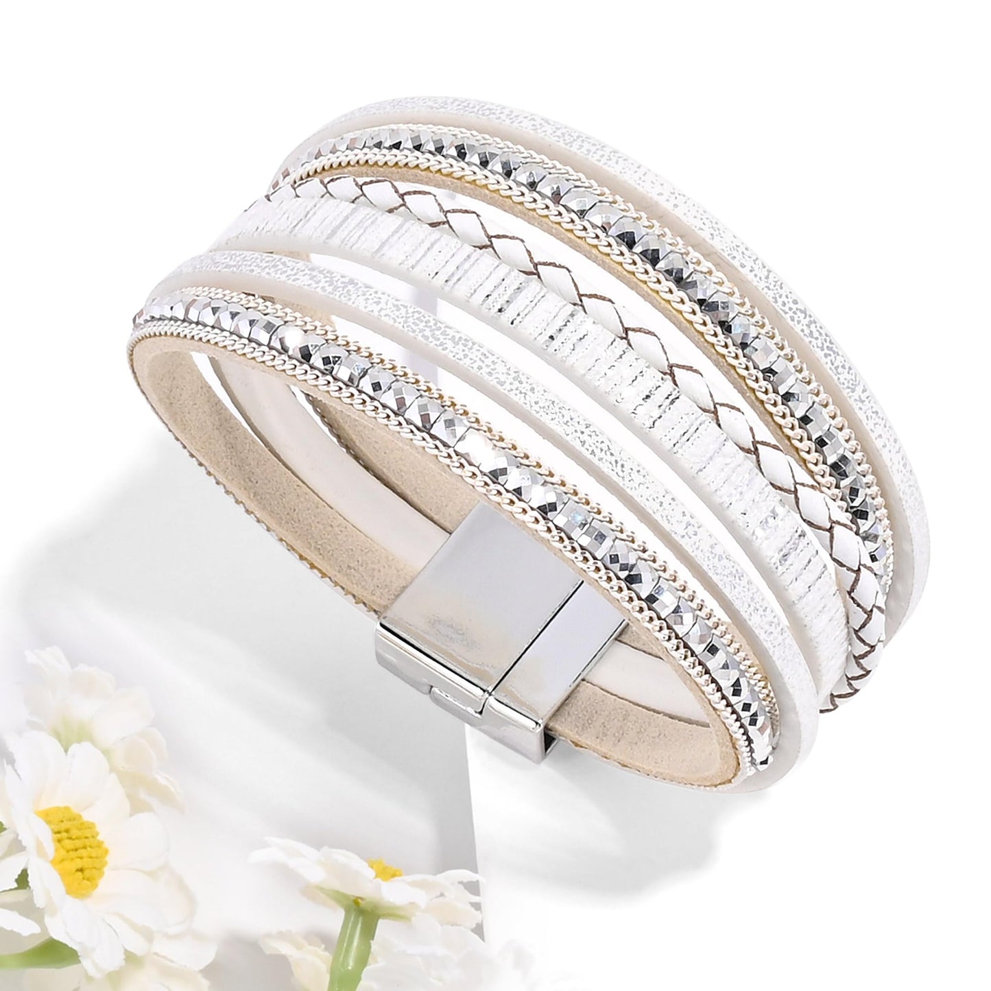 VIBILIA Boho Leather Wrap Bracelets for Women Trendy Layered Multi-Layer Bracelets with Strong Clasp Jewelry for Women-White
