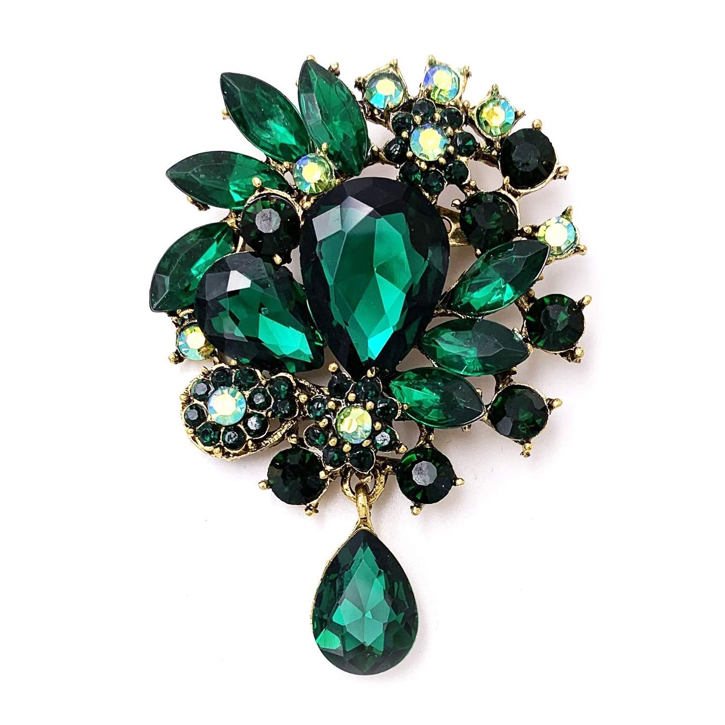 LAXPICOL Wedding Bridal Big Green Crystal Rhinestone Bouquet Teardrop Brooch Pin for Women Golden Tone