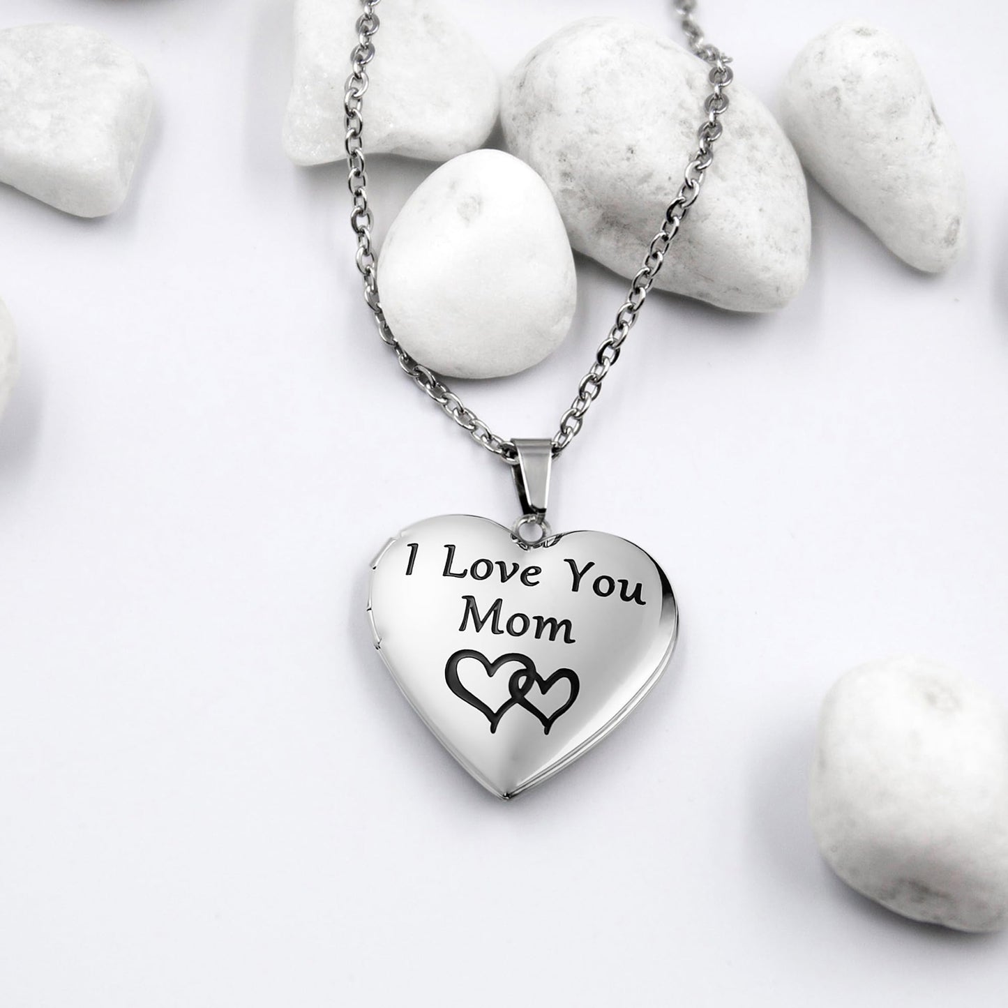 PHOCKSIN Mom I Love You Silver Locket Necklace for Women Heart Locket Necklace for Girls Photo Necklace With Picture Inside Mothers Day Gifts for Women