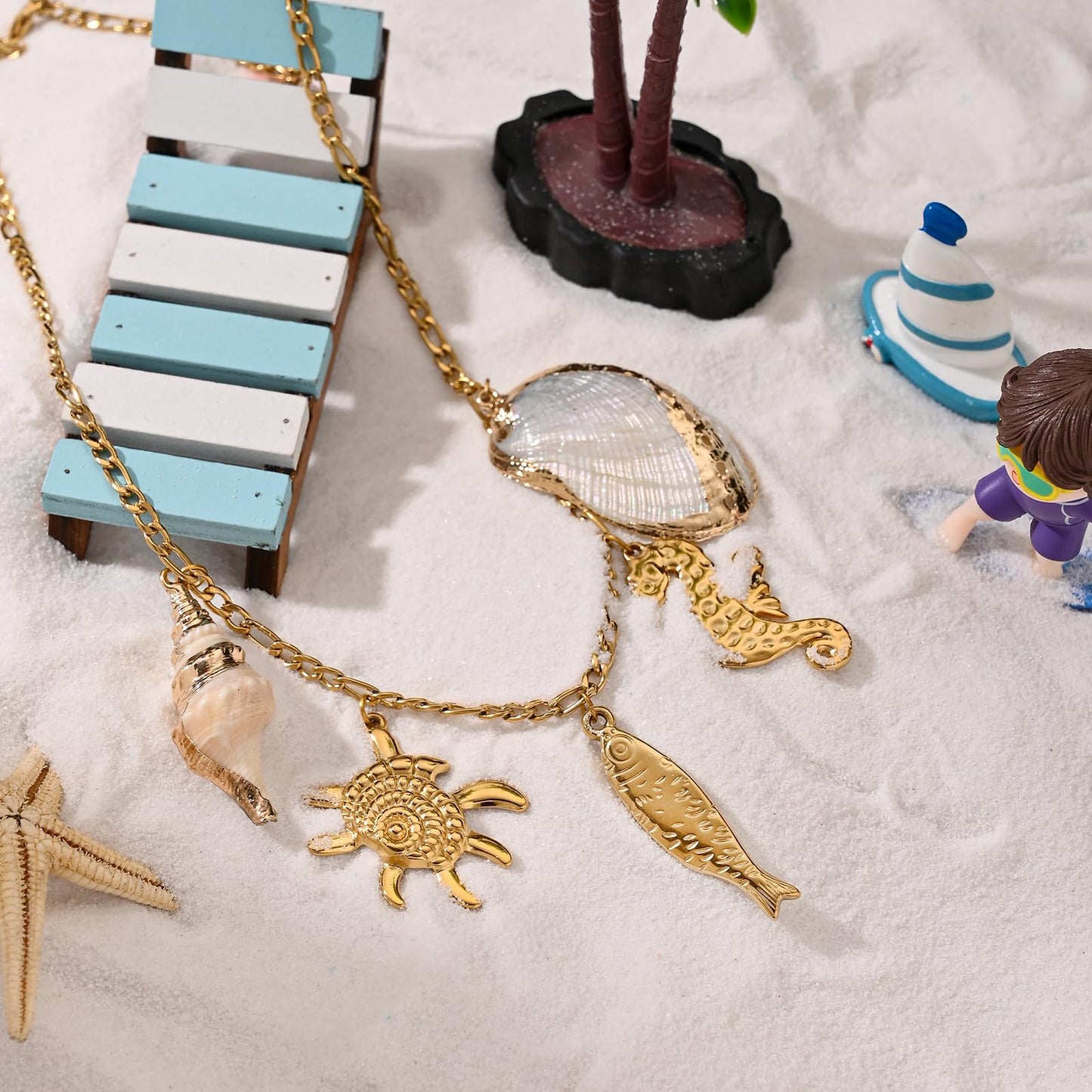 BTTLVZC Summer Beach Charms Necklace for Women Gold Fish Conch Seahorse Shell Charms Choker Necklace Trendy Ocean Theme Vacation Jewelry Gifts(Style-A)