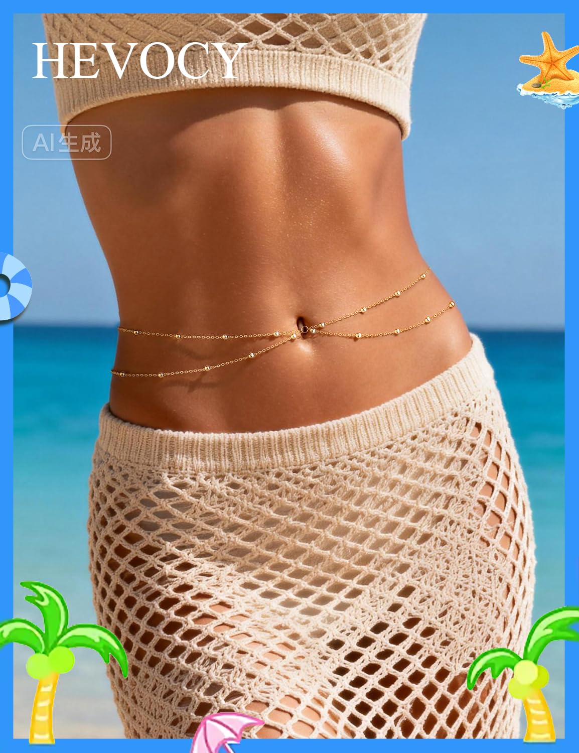 HEVOCY Gold Waist Chain for Women, Trendy Layered Belly Chain Jewelry, Adjustable Body Chain for Beach & Summer Outfit