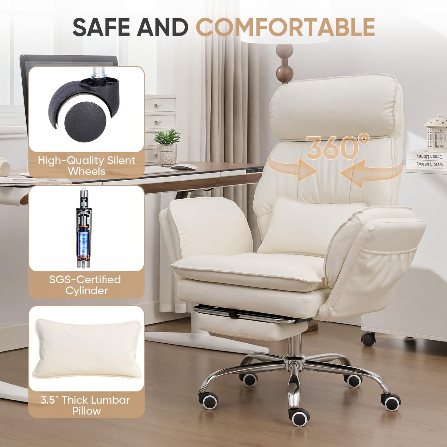EGSEAT Big and Tall Office Chair with Flip Armrests, Cross Legged Office Chair with Storage Pockets, Comfortable Reclining Computer Chair with Footrest, Wide Home Office Desk Chair, Leather, Beige