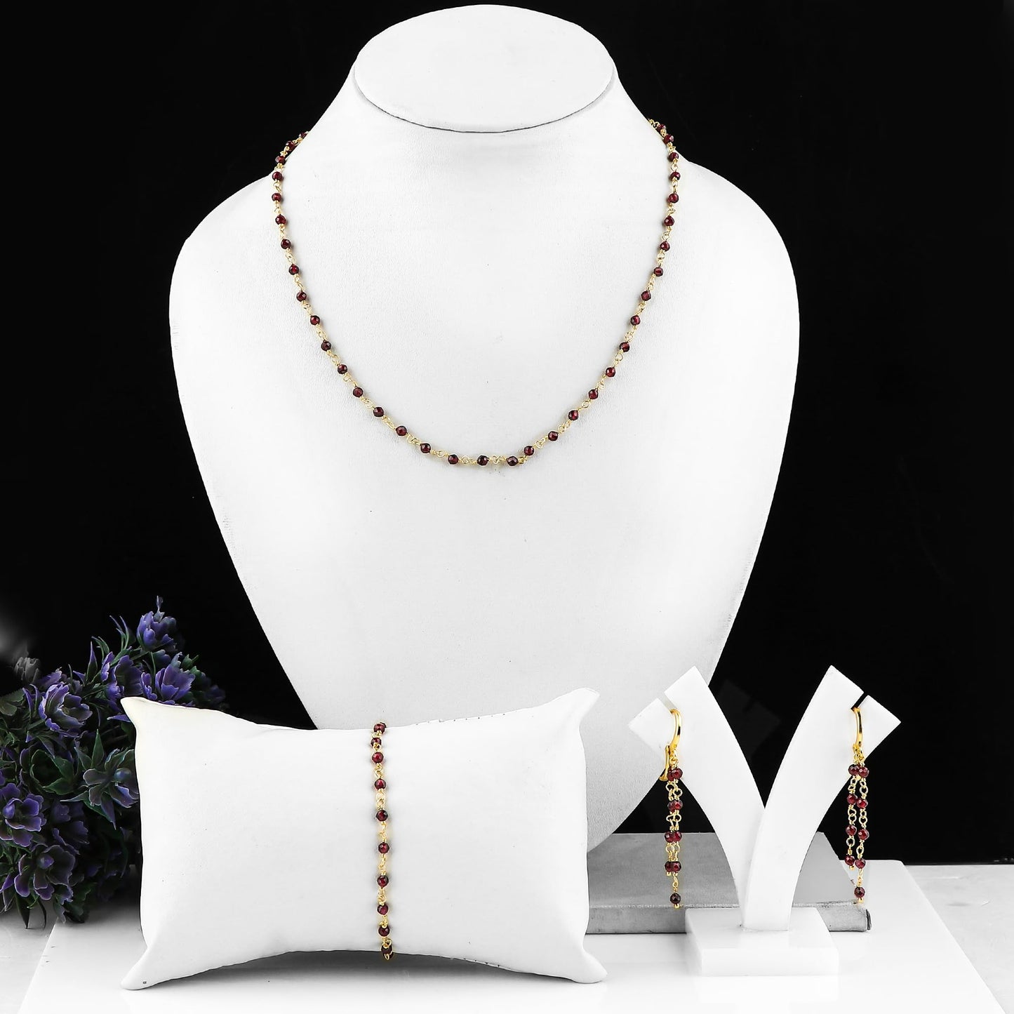 CRYSTALINES (3pcs Natural Garnet Gemstone Cluster Jewelry Combo Set, 14K Gold Plated, Microfaceted Beads Rosary Chain, Handmade Hypoallergenic Jewelry - Bracelets, Necklace, Earrings for Women