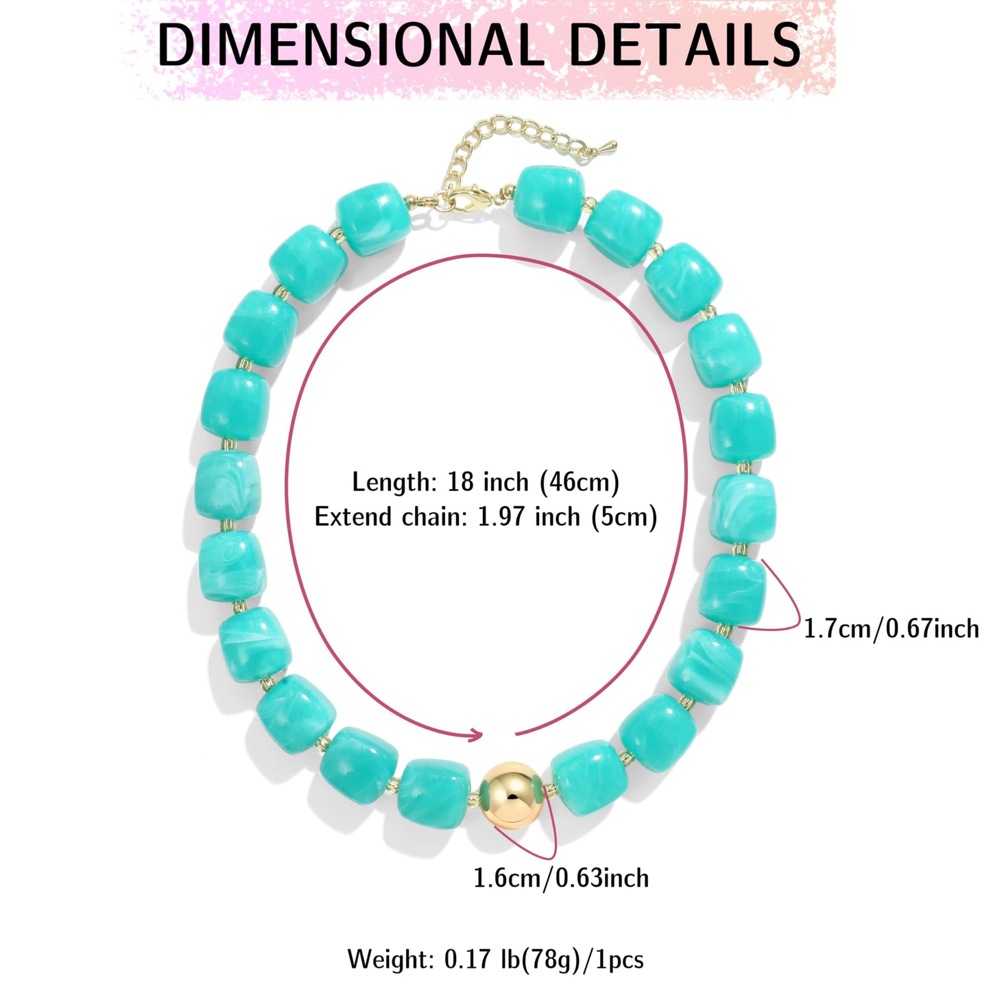 BREPINE Teal Chunky Necklaces for Women Multicolored Large Square Resin Beads Necklace Trendy Bold Statement Beaded Summer Candy jelly Vacation Choker