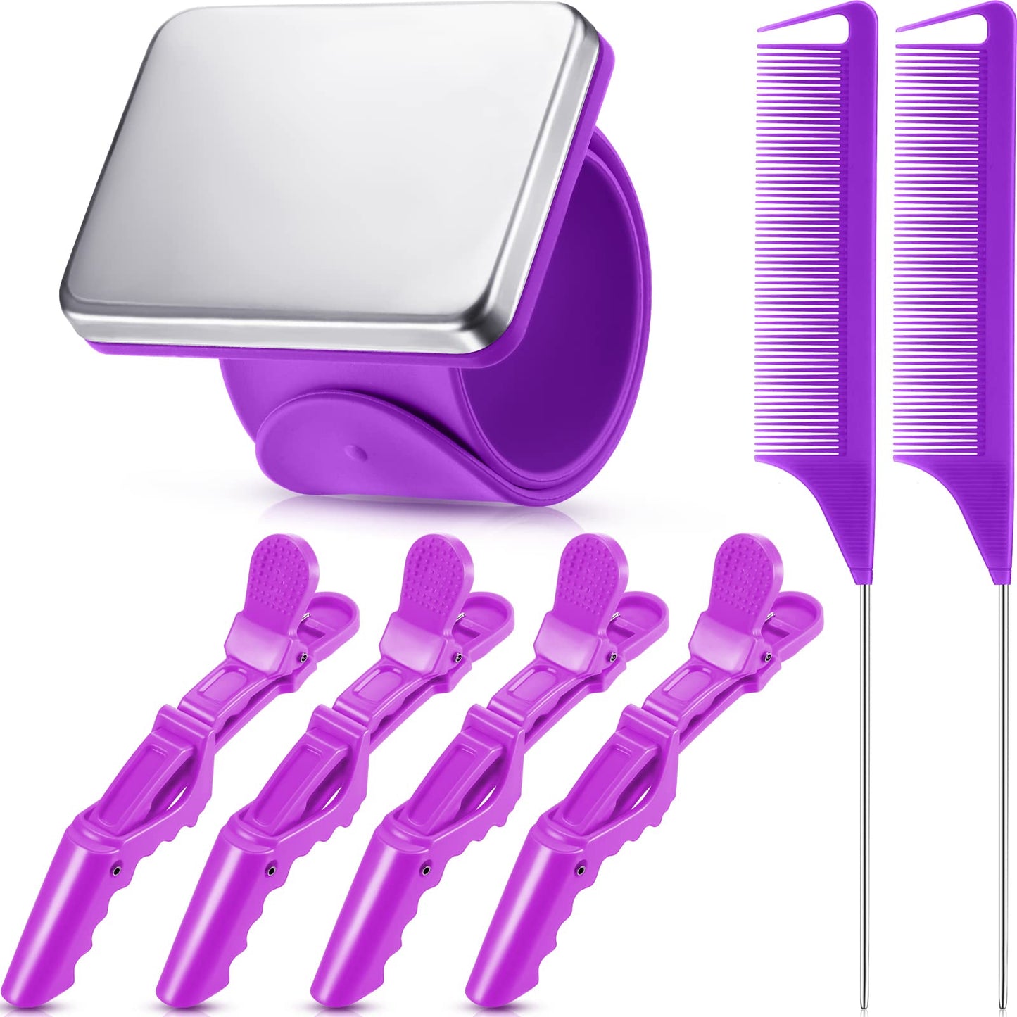 7 Pieces Hair Braiding Tools Magnetic Pin Wristband and 2 Pieces Stainless Steel Pintail Rat Tail Comb with 4 Wide Teeth Alligator Sectioning Hair Clip for Braid Tool Braid Maker(Purple)