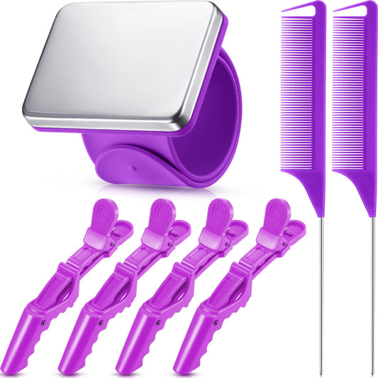 7 Pieces Hair Braiding Tools Magnetic Pin Wristband and 2 Pieces Stainless Steel Pintail Rat Tail Comb with 4 Wide Teeth Alligator Sectioning Hair Clip for Braid Tool Braid Maker(Purple)