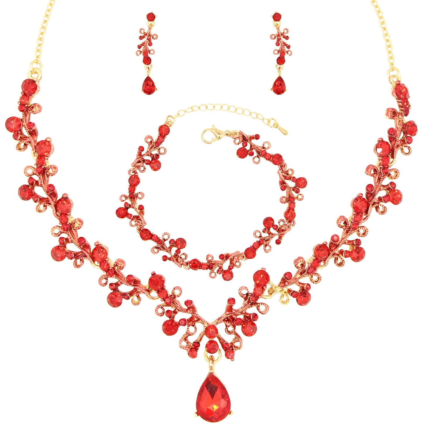 3Pcs Austrian Crystal Jewelry Set for Women, Necklace Dangle Earrings Link Bracelet Jewelry Set with Gold/Platinum/Gun Plated, Wedding Party Jewelry for Bridal Bridesmaid (Red-Gold Plated)