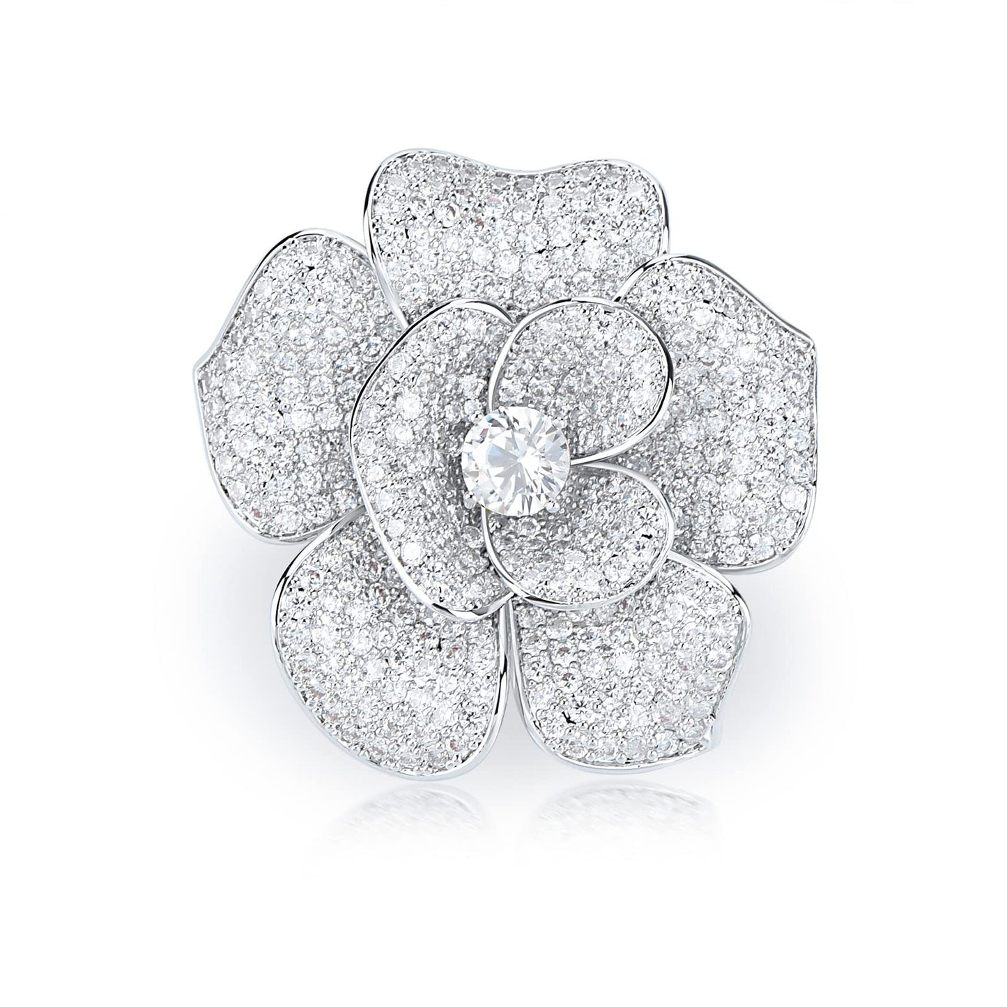 Elegant Crystal Blooming Rose Flower Brooch Lapel Pin Breastpin for Women Birdal Cardigan Hat Scarf Suit Sweater Floral Pins (White Gold Rose)