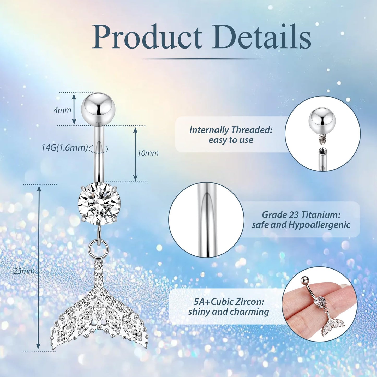 PEAKLINK Dangle Belly Jewelry 14G Internally Threaded Navel Piercing Silver Belly Button Ring 10mm for Women Titanium Curved Barbell with Fishtail CZ Navel Belly Bars