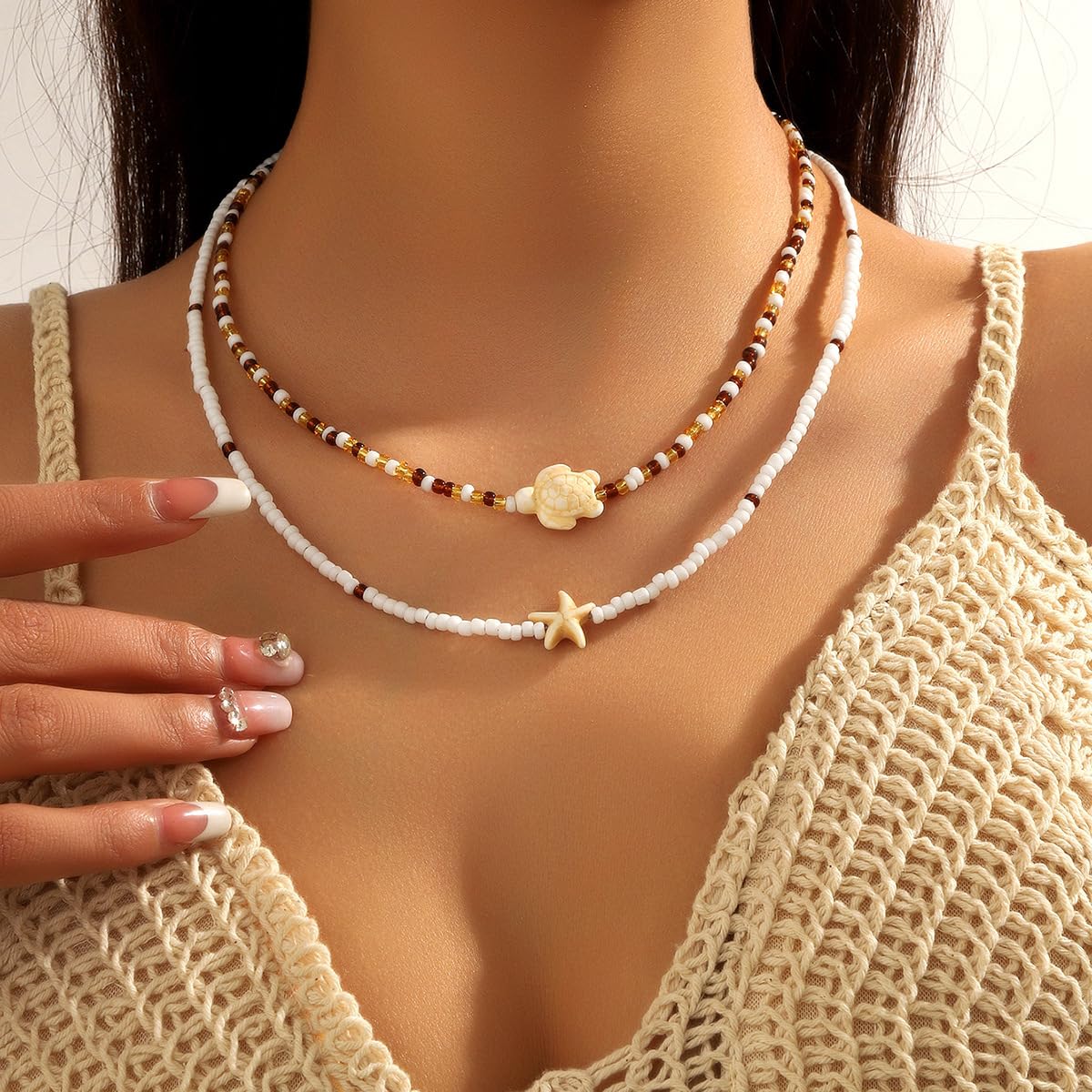 Sora Tuki Layered Starfish Necklace Beach Jewelry for Women Seashell Cowrie Puka Shell Necklaces for Women Beach Necklace Turtle Beaded Choker Necklaces Ocean Jewelry (2 - Beaded turtle)