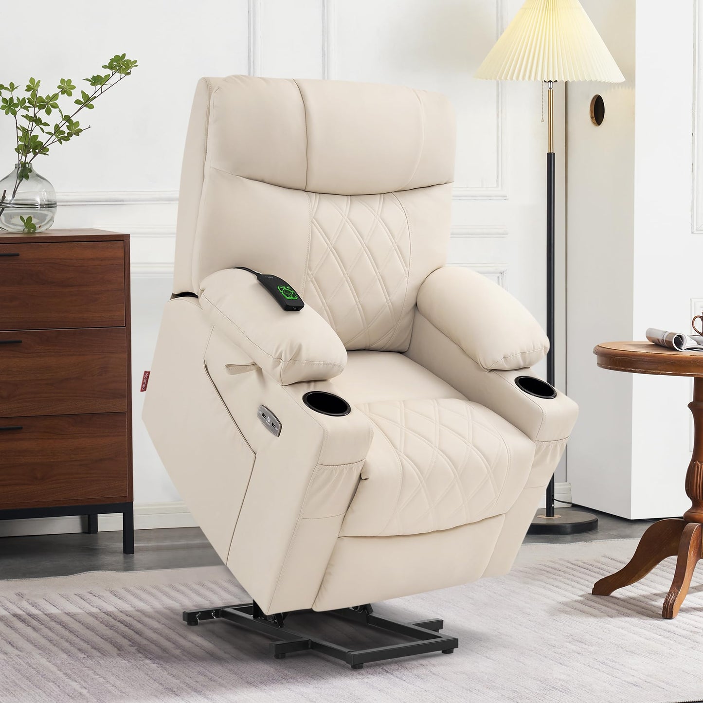 MCombo Small Power Lift Recliner Chair Sofa with Massage and Dual Heating, Adjustable Headrest for Elderly People Petite, USB Ports, Faux Leather 7111 (Cream White)
