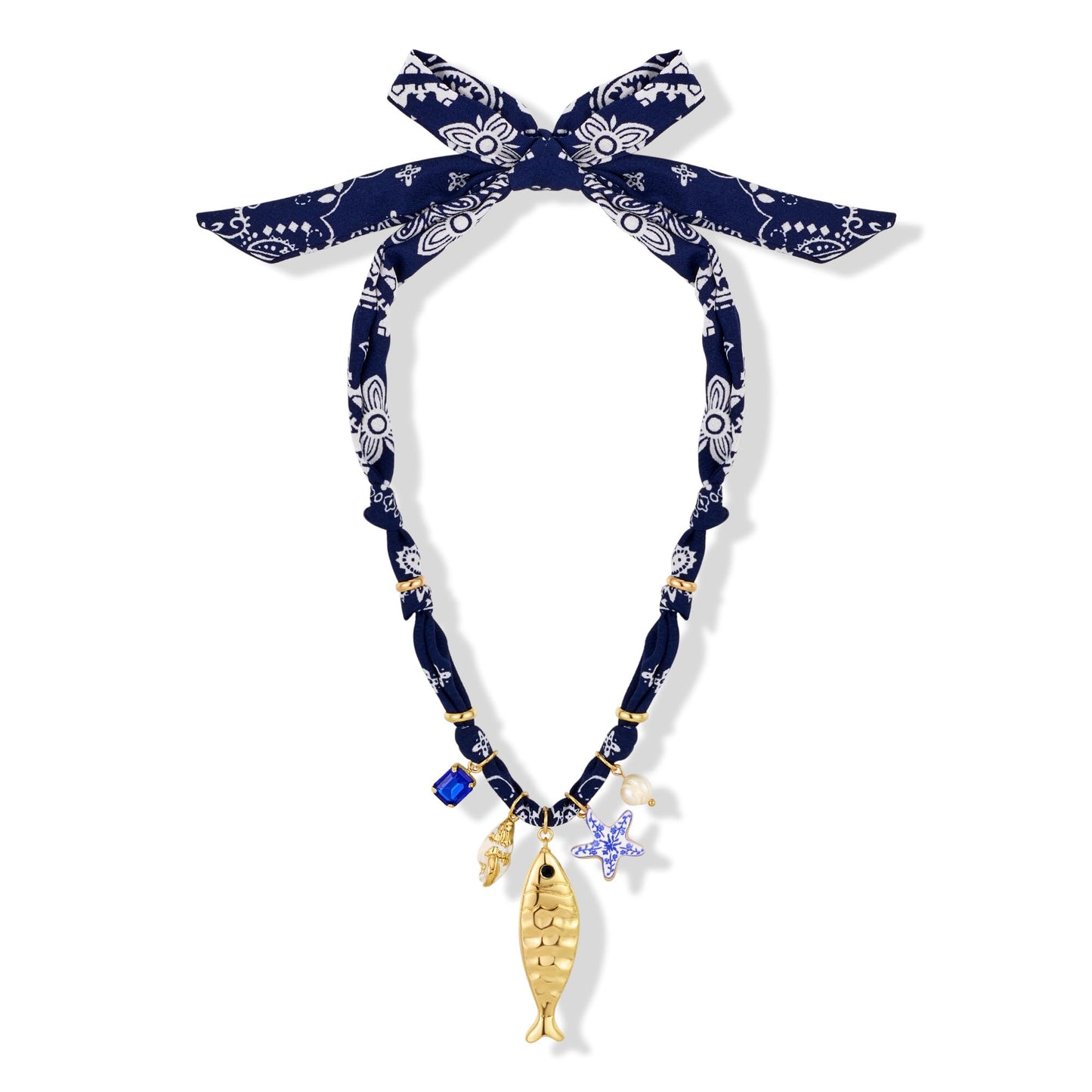 MYCUTEY Blue Scarf Necklace For Women with Gold Fish Conch Shell Starfish and Pearl Charms Summer Statement Necklace Boho Beach Jewelry Gifts