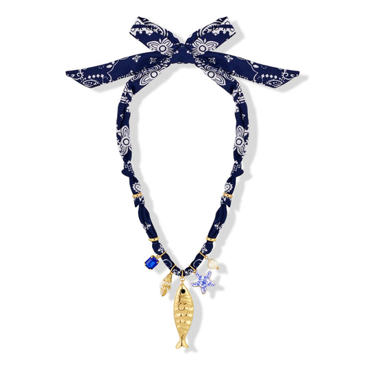 MYCUTEY Blue Scarf Necklace For Women with Gold Fish Conch Shell Starfish and Pearl Charms Summer Statement Necklace Boho Beach Jewelry Gifts