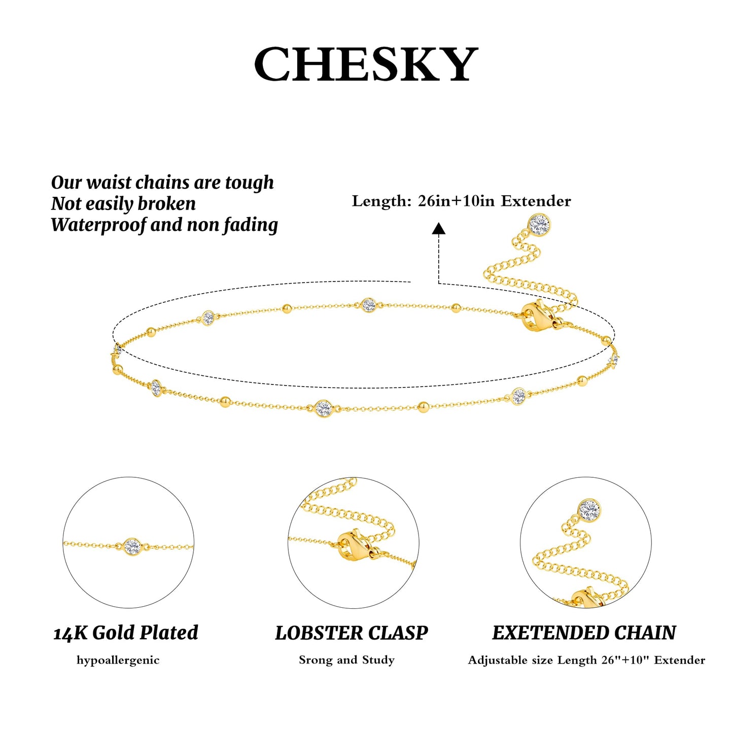 CHESKY 14K Gold Plated CZ Belly Chain, Adjustable Waterproof Body Chain for Women, Sexy Bikini Waist Beads With Diamond Chain, Dainty Jewelry Gift
