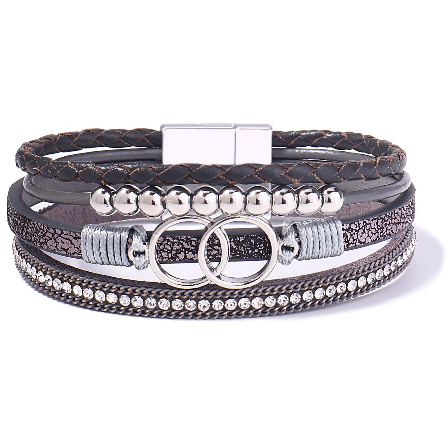 FANCY SHINY Boho Leather Wrap Bracelet Stackable Beaded Infinity Chunky Cuff Bracelets with Magnetic Clasp Western Hippie Outfits Jewelry Gifts for Women(Grey)
