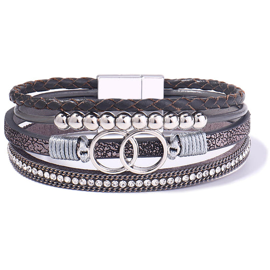 FANCY SHINY Boho Leather Wrap Bracelet Stackable Beaded Infinity Chunky Cuff Bracelets with Magnetic Clasp Western Hippie Outfits Jewelry Gifts for Women(Grey)