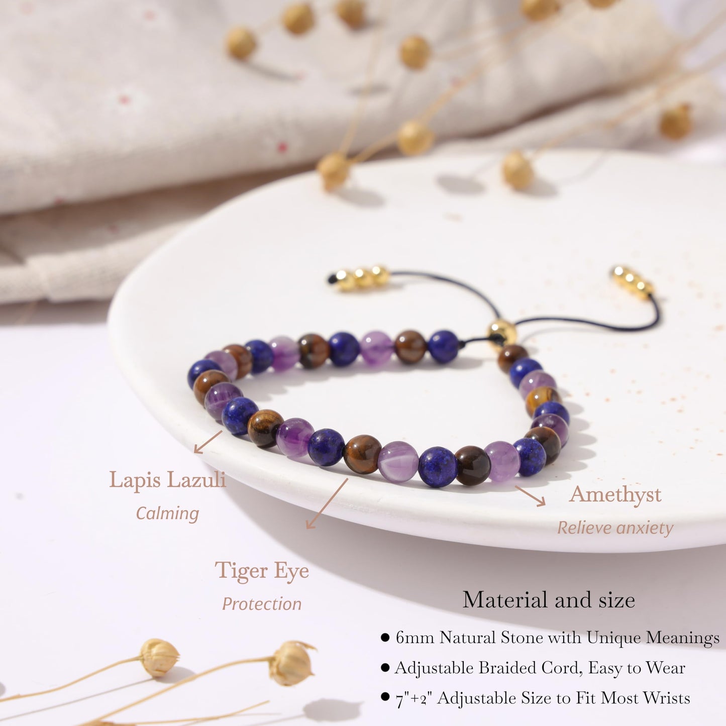 NUKAYAI Anxiety Relief Bracelet Gifts for Women Natural Stress Healing Crystals Lapis Lazuli Tiger Eye Amethyst Bracelet Jewelry Natural Stones