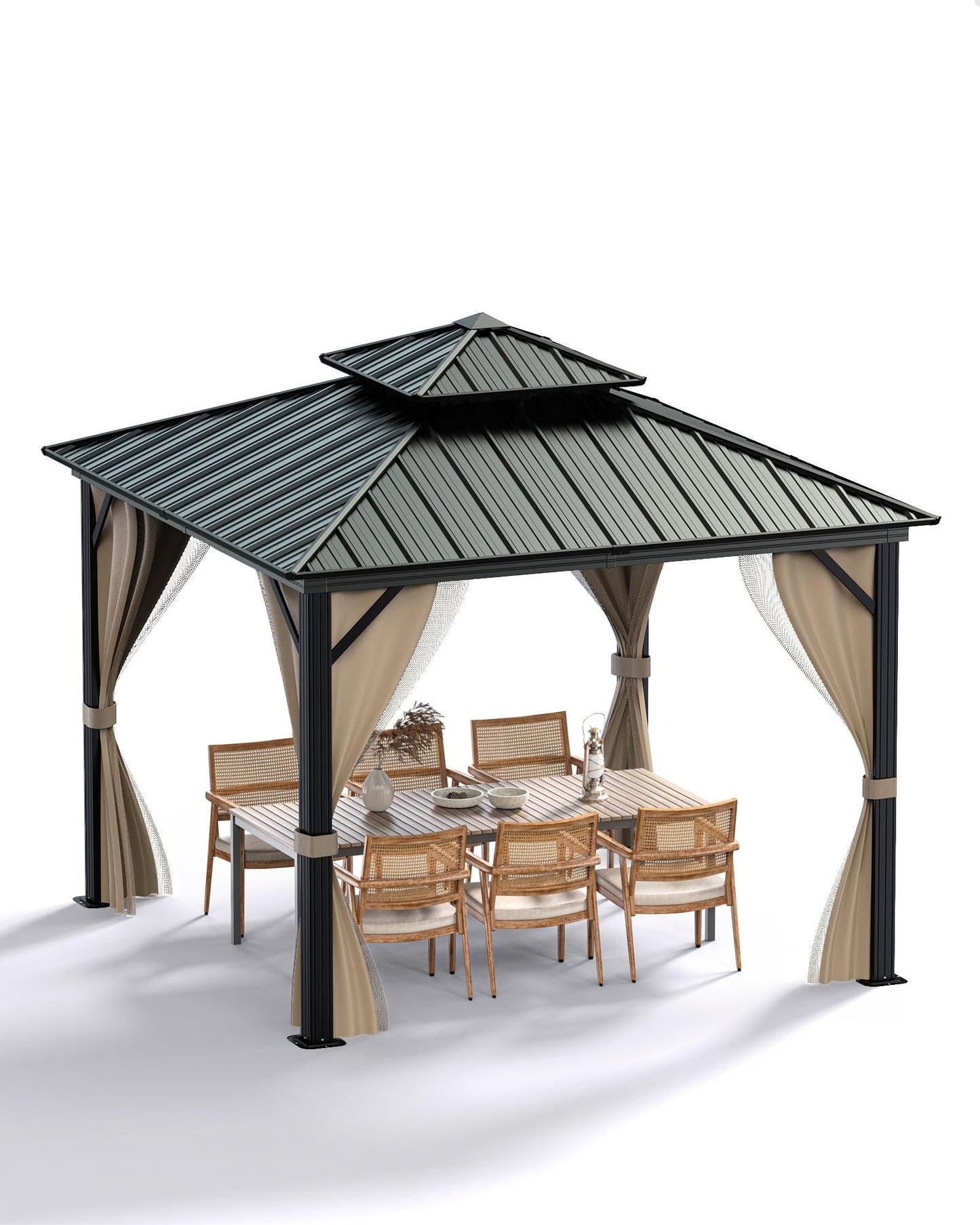 GarveeLife Hardtop Gazebo 12 ft x12 ft for All Weather, with Double Metal Roof, Aluminum Alloy Frame, Net, and Curtain, Permanent Building for Patio, Deck, Backyard, Lawn, and Garden