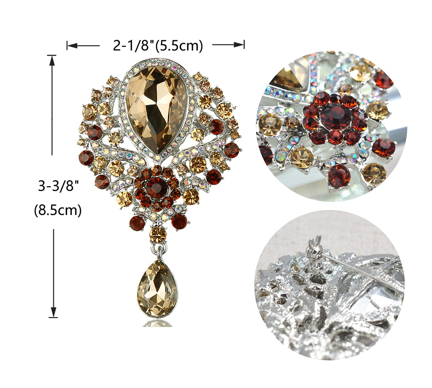 Gyn&Joy Women's Vintage Silver Tone Crystal Rhinestone Flower Wedding Bridal Teardrop Brooch Pin BZ098