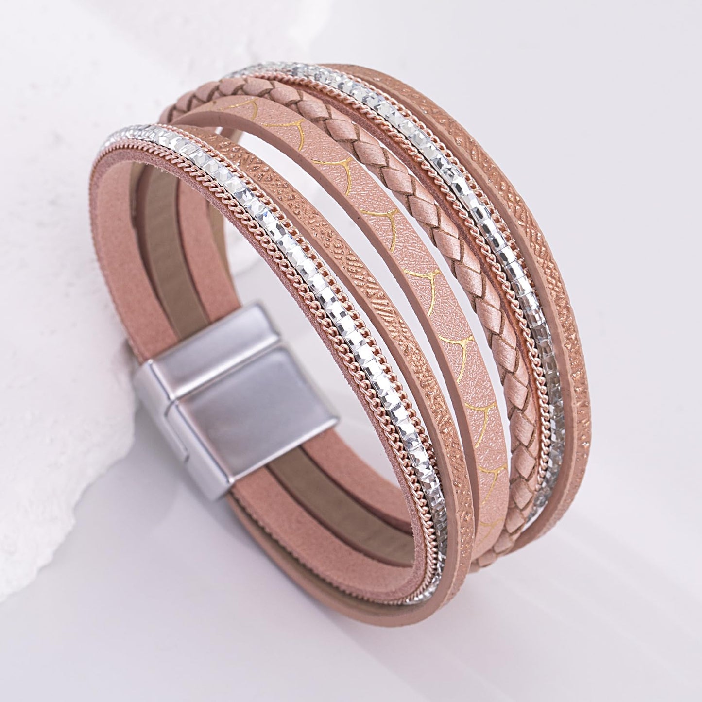 FANCY SHINY Boho Leather Wrap Bracelets Trendy Layered Bracelets with Magnetic Clasp Strackable Bohemian Cuff Jewelry Gifts for Women(Rosy Metallic)