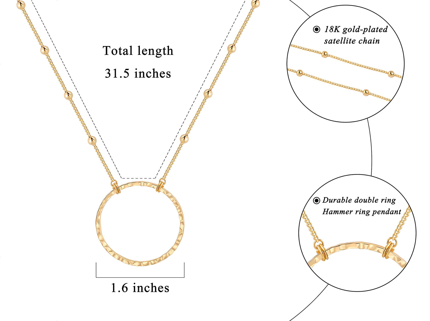 PERNNLA PEARL 18K Gold Circle Pendant Ncklace for Women Dainty Long Satellite Bead Chain Necklaces Statement Hammered Handmade Sweater Chain Y Necklaces 31”