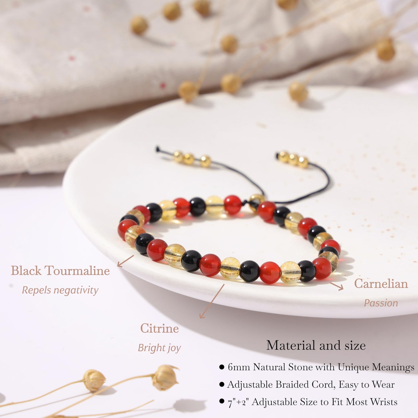 NUKAYAI Inspirational Gifts Bracelets for Women Healing Natural Stone Carnelian Citrine Black Tourmaline Bracelets Best Friend Bestie Birthday Mother Day Get Well Soon Gifts for Women Positive Vibes