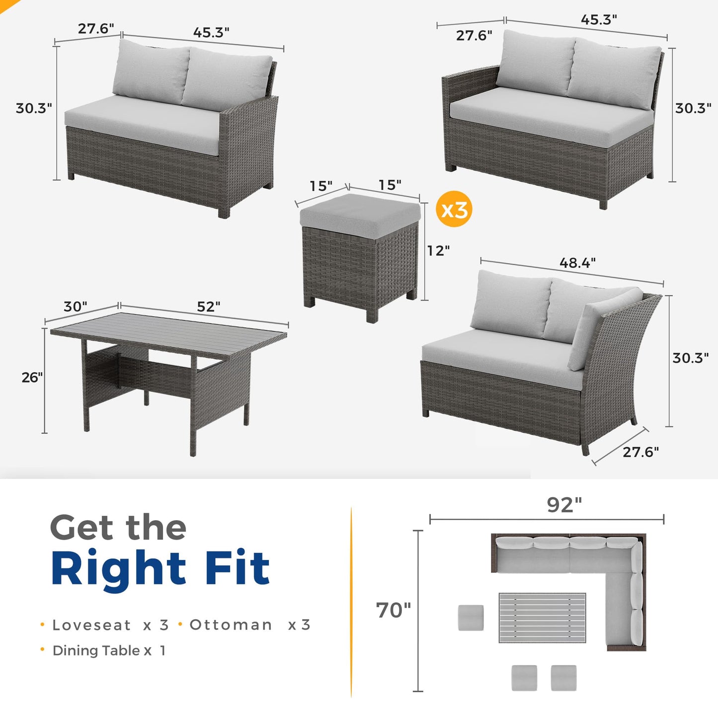 Wisteria Lane 7 Piece Patio Furniture Set, High Curved Back Wicker Patio Sectional, All Weather Outdoor Dining Set, Outdoor Furniture Patio Conversation Set with Ottoman, Grey