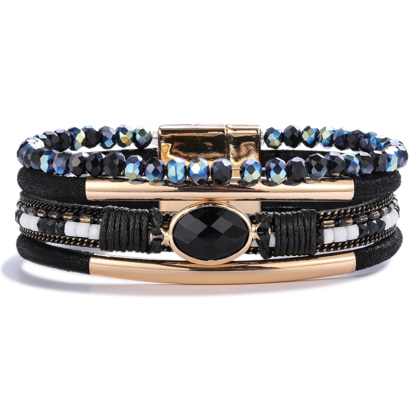FANCY SHINY Leather Wrap Bracelets Crystal Beads Bracelet Boho Cuff Stone Charm Bracelets with Clasp Costume Jewelry for Women(Black)