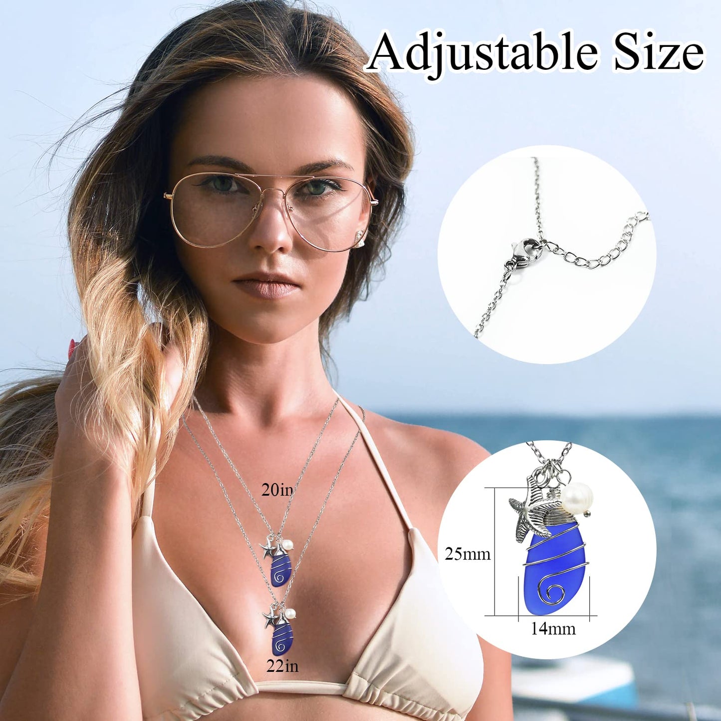 Sea Glass Necklace, Beach Jewelry for Women, Wire Wrapped Beach Necklaces with Starfish, Freshwater Pearls, Sea Glass Jewelry, Handmade Necklaces Gift for Women Girls