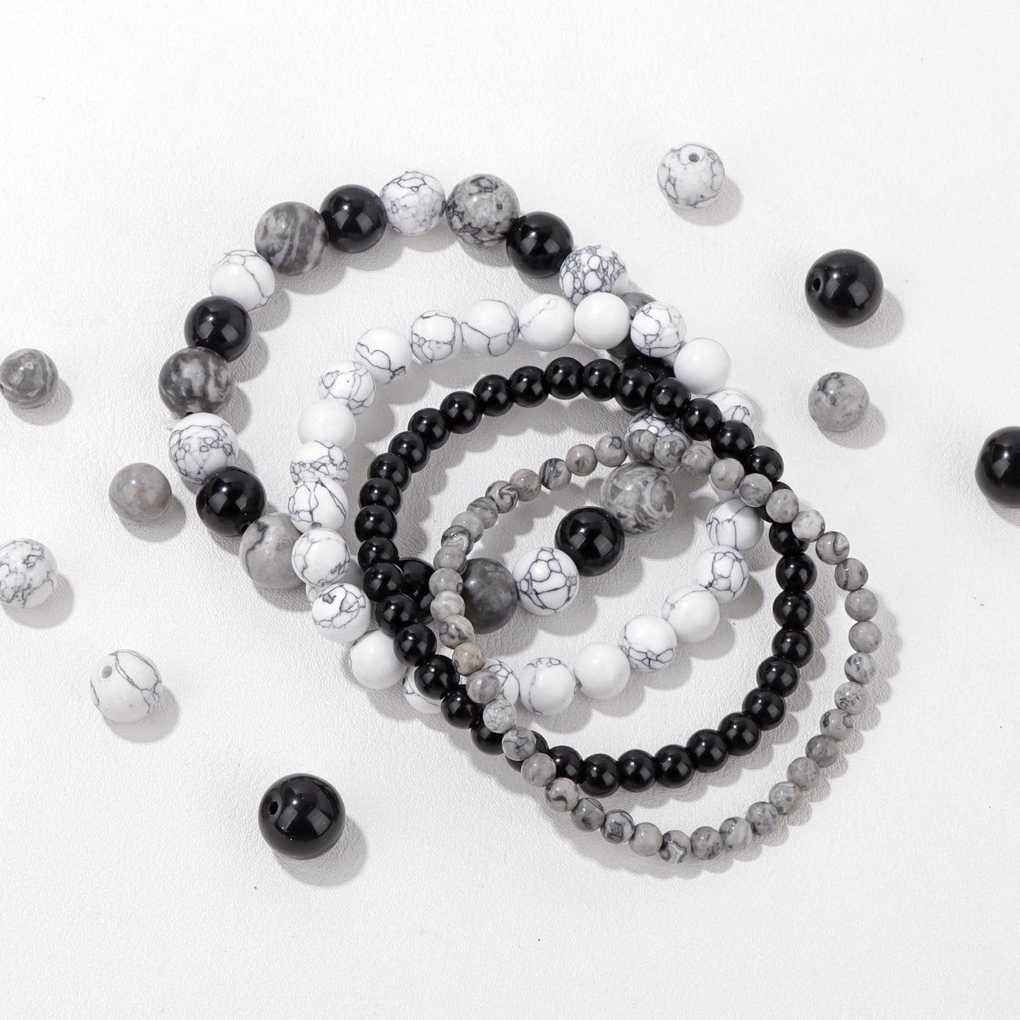 Vinswet 4pcs Natural Stone Beaded Bracelets for Women Men,Healing Crystal Gemstones Stretch Bracelet,4mm 6mm 8mm 10mm Black agate Map stone White turquoise Anxiety Stress Relief Bracelet Jewelry Gifts