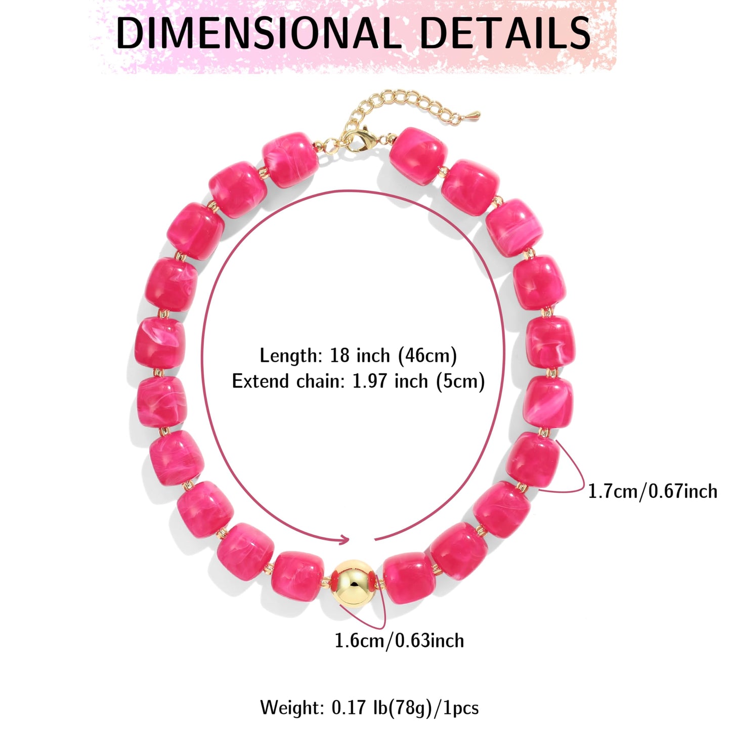 BREPINE Hot Pink Chunky Necklaces for Women Multicolored Large Square Resin Beads Necklace Trendy Bold Statement Beaded Summer Candy jelly Vacation Choker