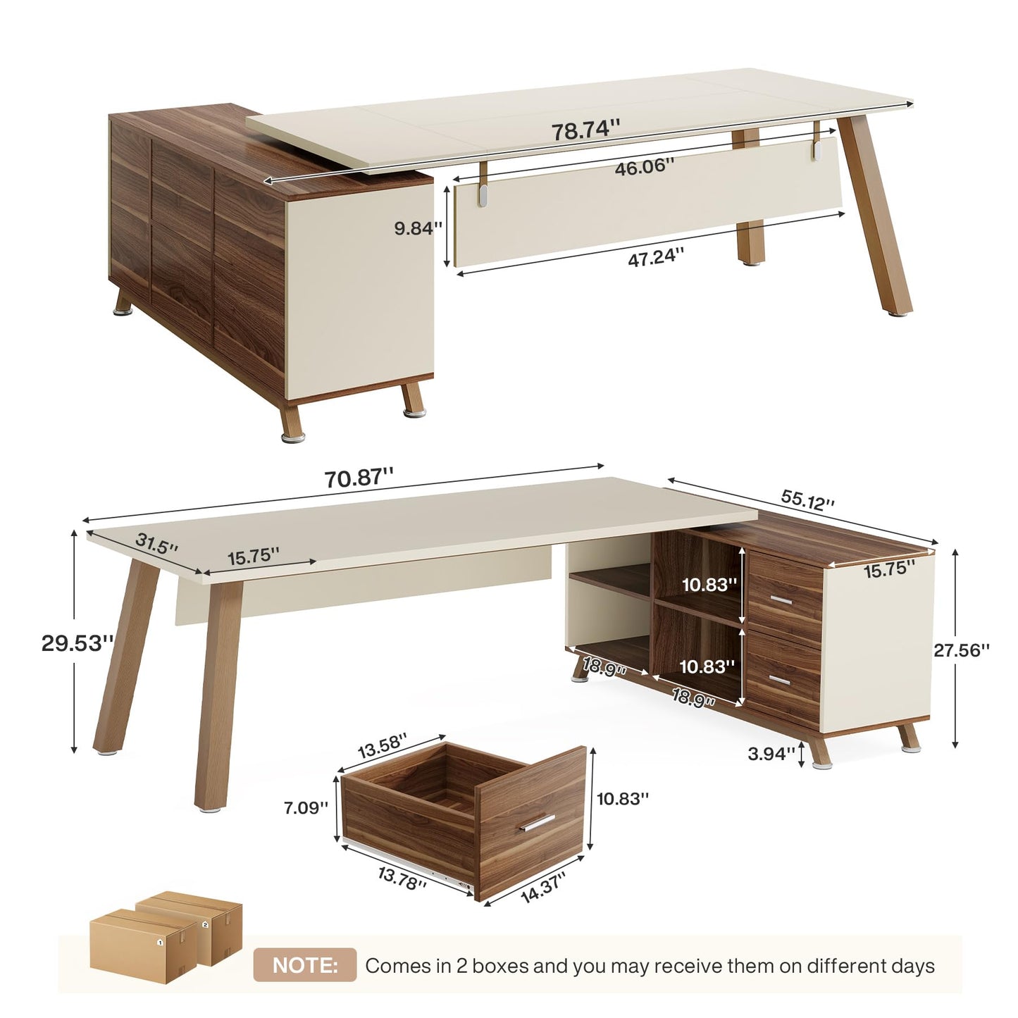 Tribesigns 78.7-Inch Executive Desk, L-Shaped Desk with 55-Inch Cabinet, Large Office Desk with Storage Shelves, Modern Computer Desk for Home Office, White & Walnut