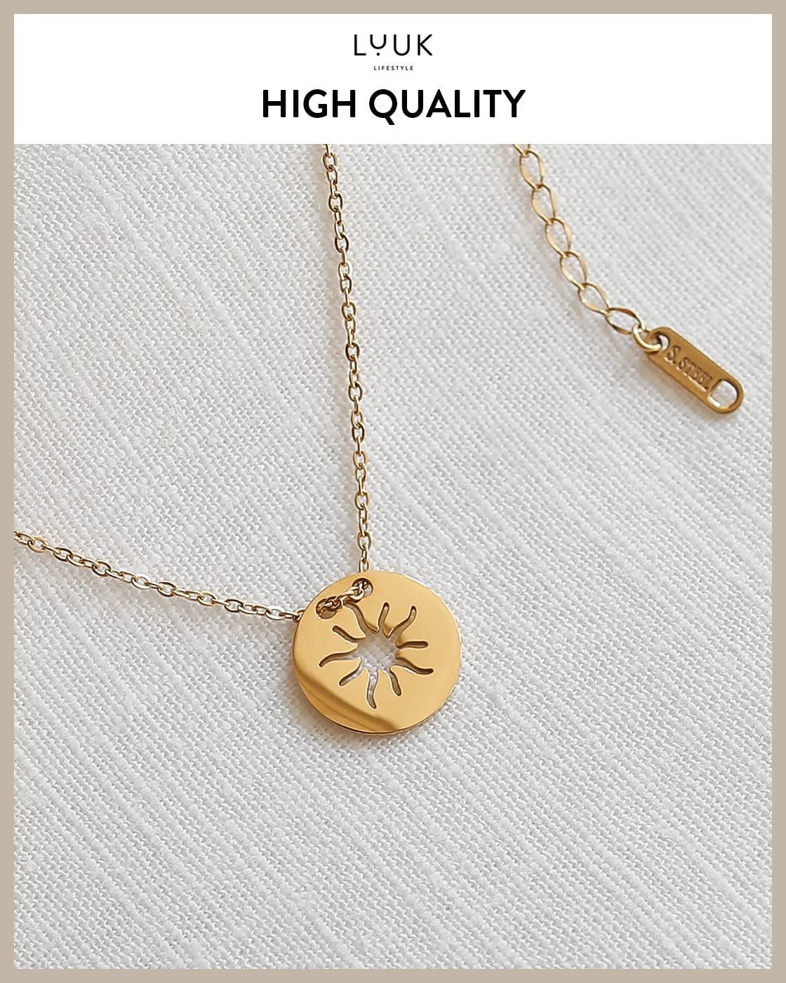 LUUK LIFESTYLE Necklace for women made of stainless steel with sun pendant and HAPPINESS gift card, fashion jewelry for girls, 19”, lucky charm, zodiac sign, fashion accessory for her, gold