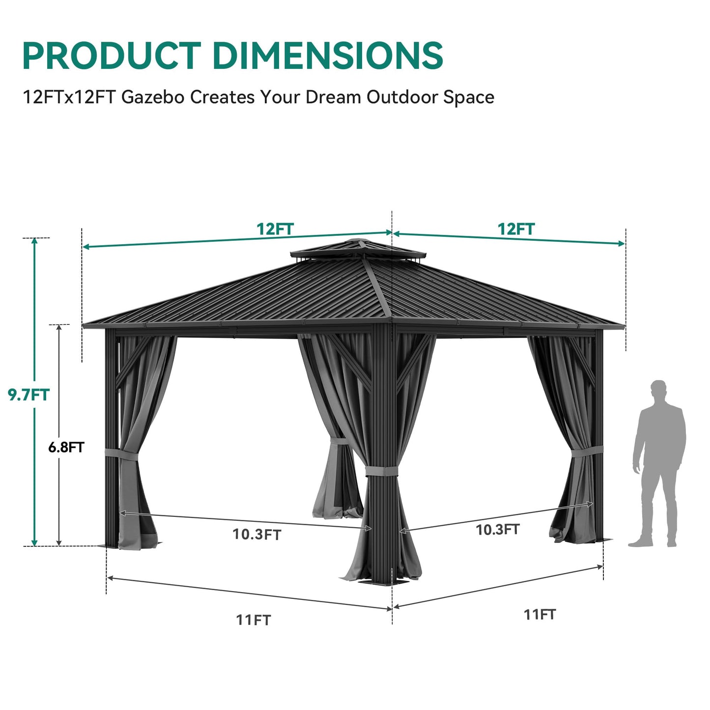 YITAHOME 12x12ft Hardtop Gazebo with Nettings and Curtains, Heavy Duty Double Roof Galvanized Steel Outdoor Combined of Vertical Stripes Roof for Patio, Backyard, Deck, Lawns, Gray