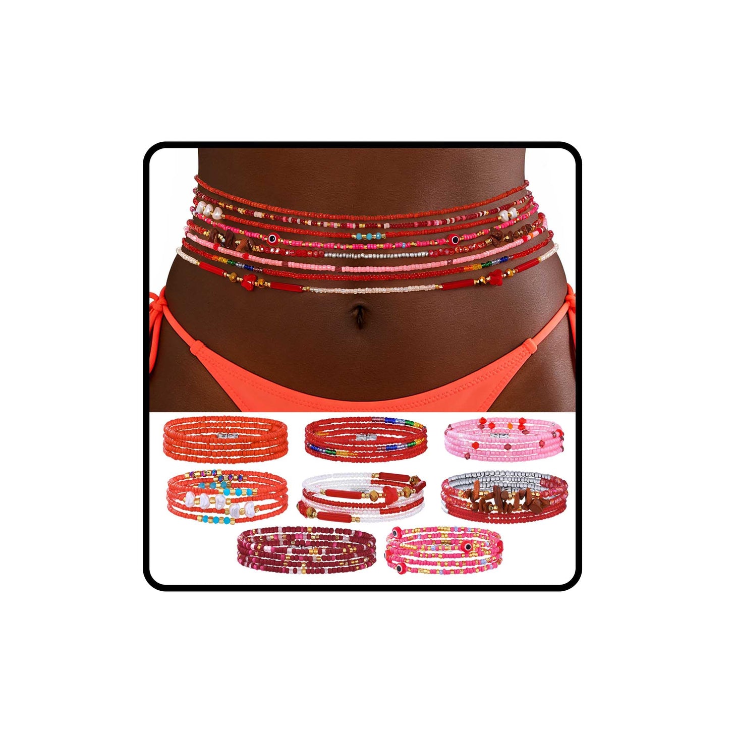 ELABEST Adjustable Handmade Waist Beads Stretchy 23-52 inch 8Pcs Chakra Body Belly Beaded Women Waist, Anklet, Bracelet, Necklace Jewelry with Screw clasp (Red, 39.3inch/100cm)