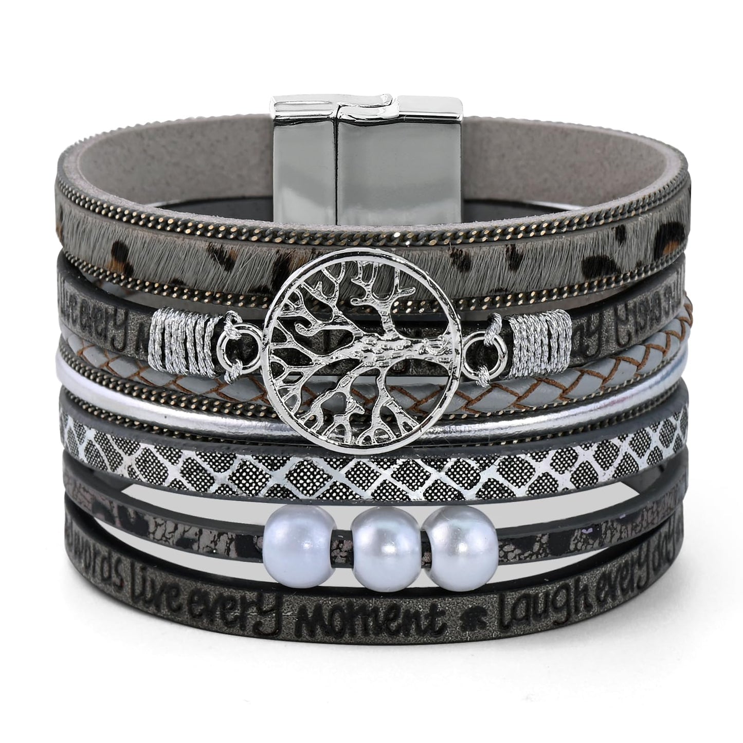 VIBILIA Boho Leather Wrap Bracelets for Women Tree of Life Multi-Layer Bracelets with Strong Clasp Jewelry for Women-Leopard Grey