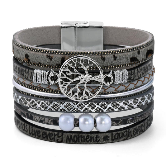 VIBILIA Boho Leather Wrap Bracelets for Women Tree of Life Multi-Layer Bracelets with Strong Clasp Jewelry for Women-Leopard Grey