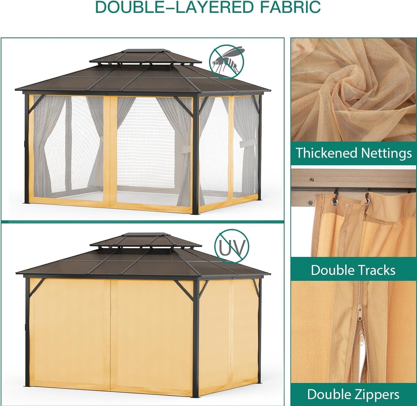 10'X13' Hardtop Gazebo, Galvanized Steel Aluminum Frame with Double Roof, Heavy-Duty Outdoor Patio Gazebo with Curtains & Netting for Backyard, Deck, Porch, Garden, Lawn, Khaki